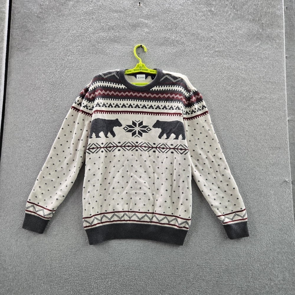 Lands' End Men Sweater L Cream Fair Isle Bear Holiday Long‎ Sleeve